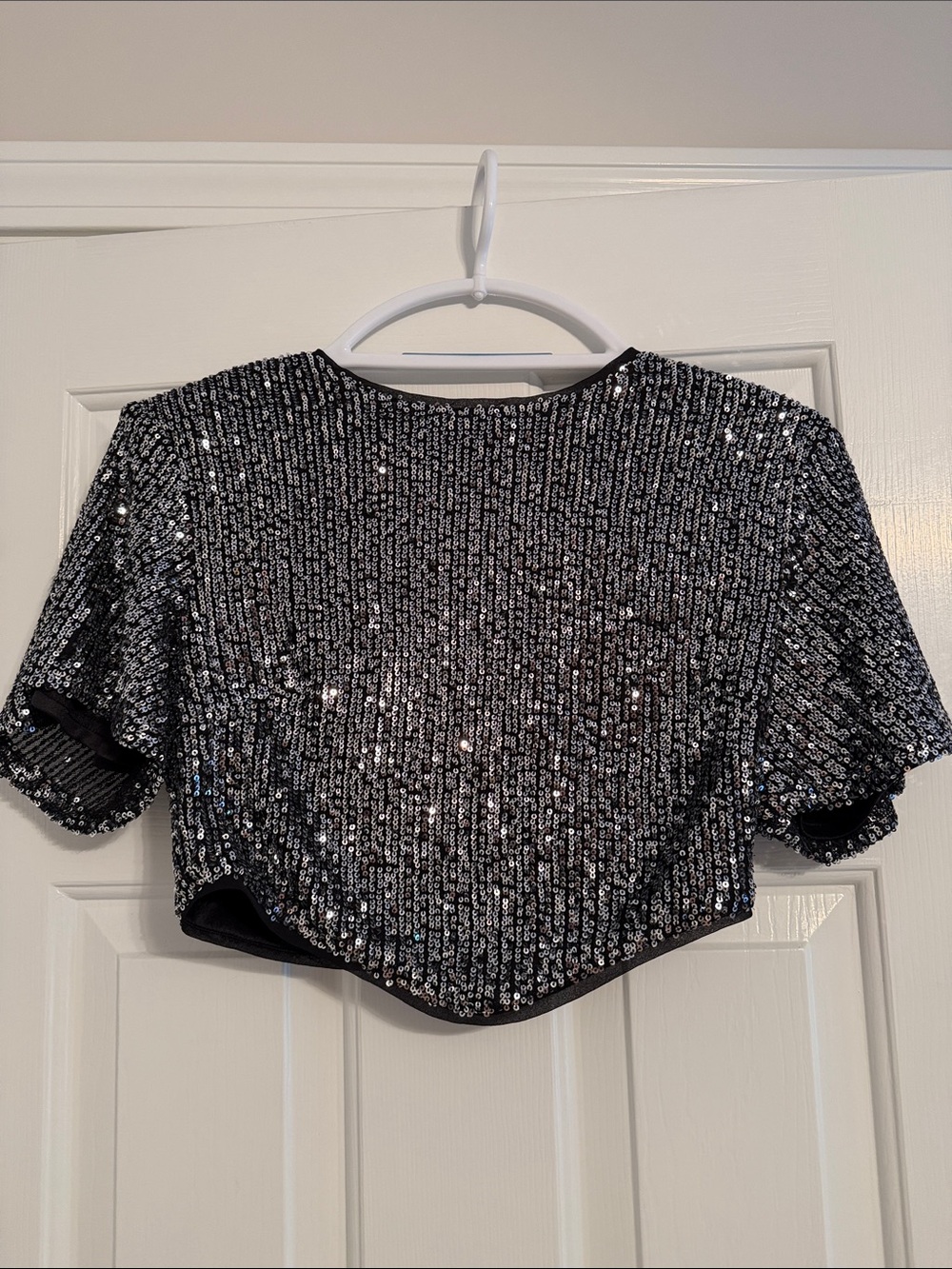 Black Sequin Crop Top - Sparkle Short Sleeve
